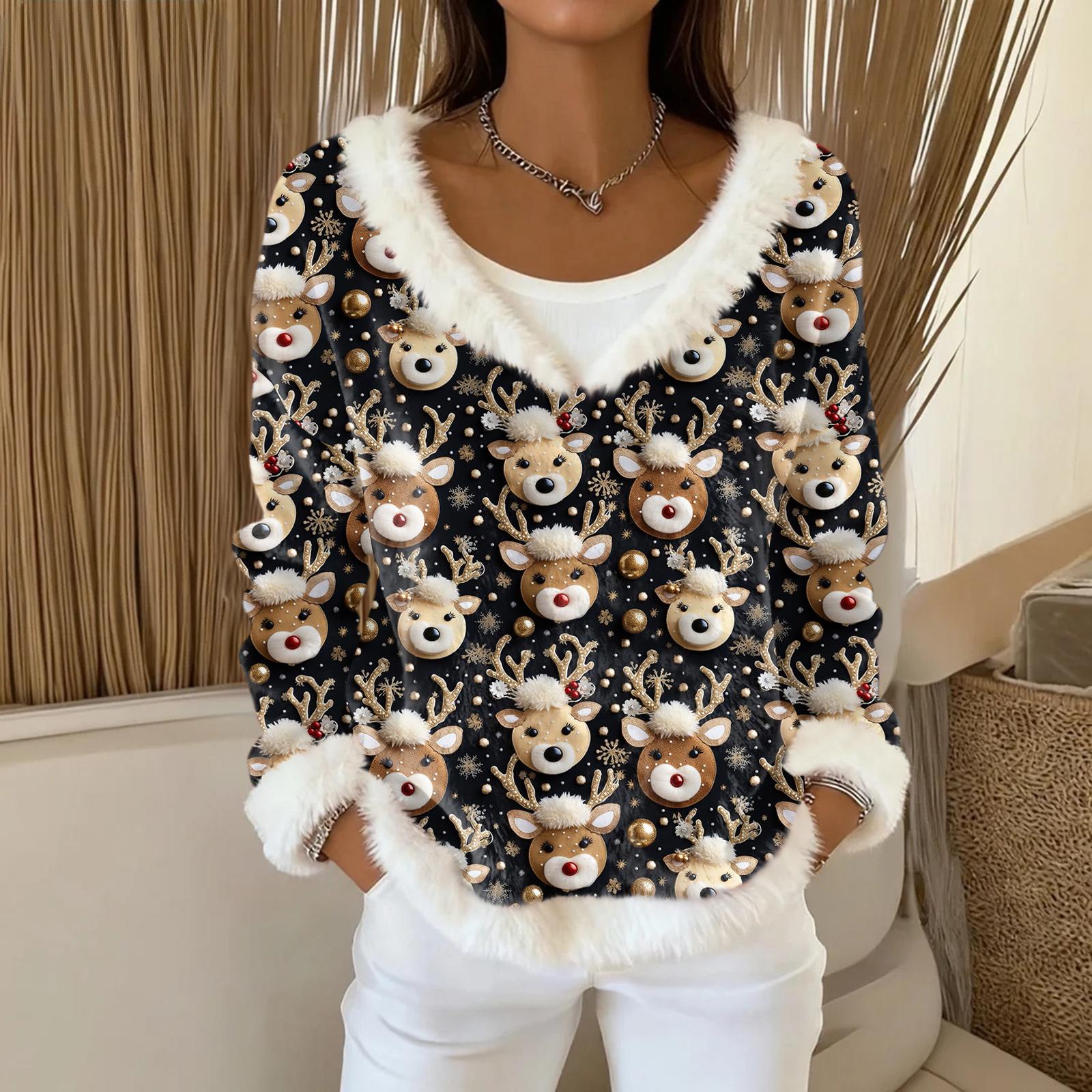 

Women s Fashion Plush V Neck Pullover Top Long Sleeve Tee Christmas Printed Sweatshirt XL