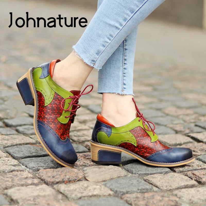 Johnature Pumps Women Shoes Spring Genuine Leather Round Toe Lace-up Mixed Colors Ethnic Casual Sewing Ladies Shoes