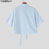 INCERUN Men Cropped Shirts Casual Loose Flower Tie Neck Short Tops