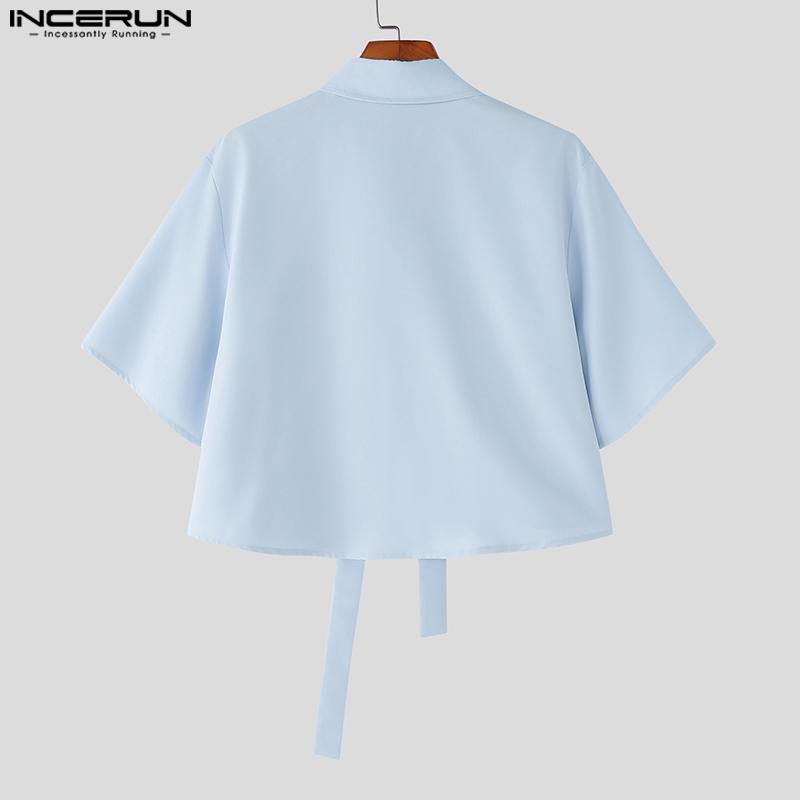 INCERUN Men Cropped Shirts Casual Loose Flower Tie Neck Short Tops