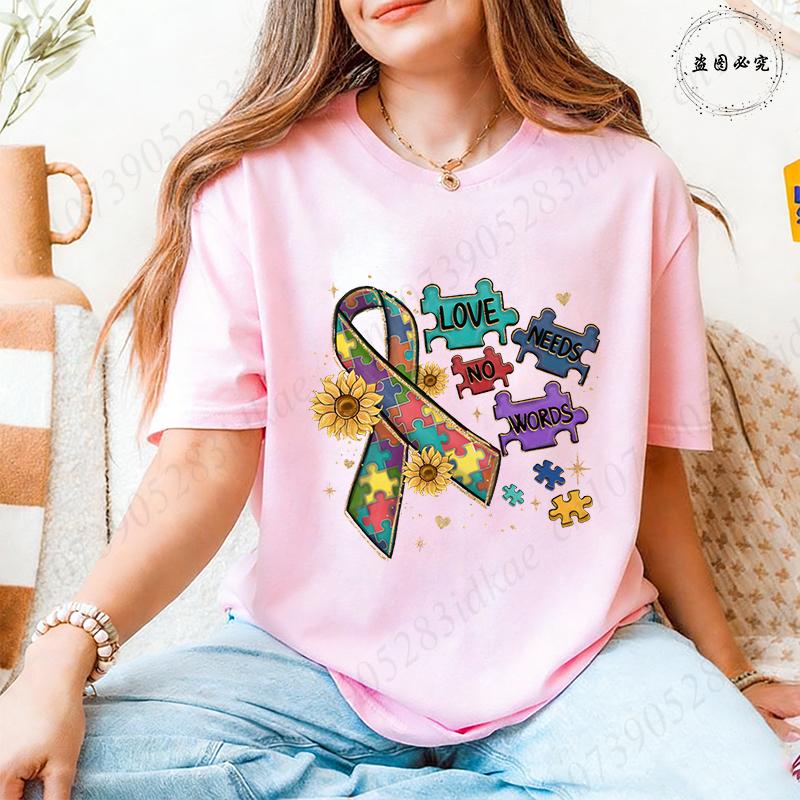 Autism Awareness Women Top Love Needs No Words Puzzle Graphic Tshirts O Neck Short Sleeve Summer Oversized FeUnisex Clothes