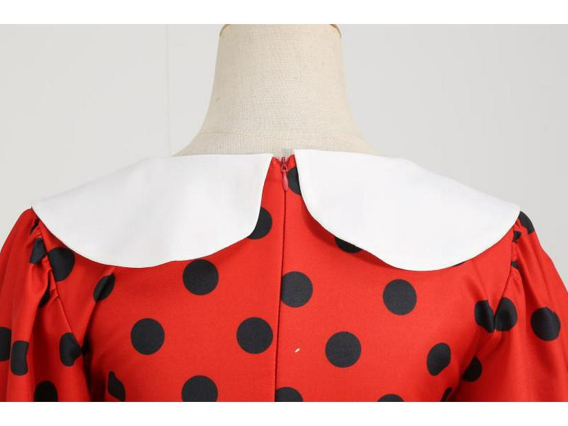 Fransız Retro Beyaz Polka Dot Salıncak Elbise Büyük Yaka