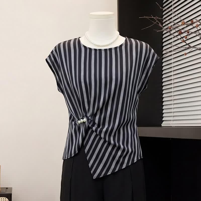 Women s Elegant Striped Asymmetrical Blouse 3XL