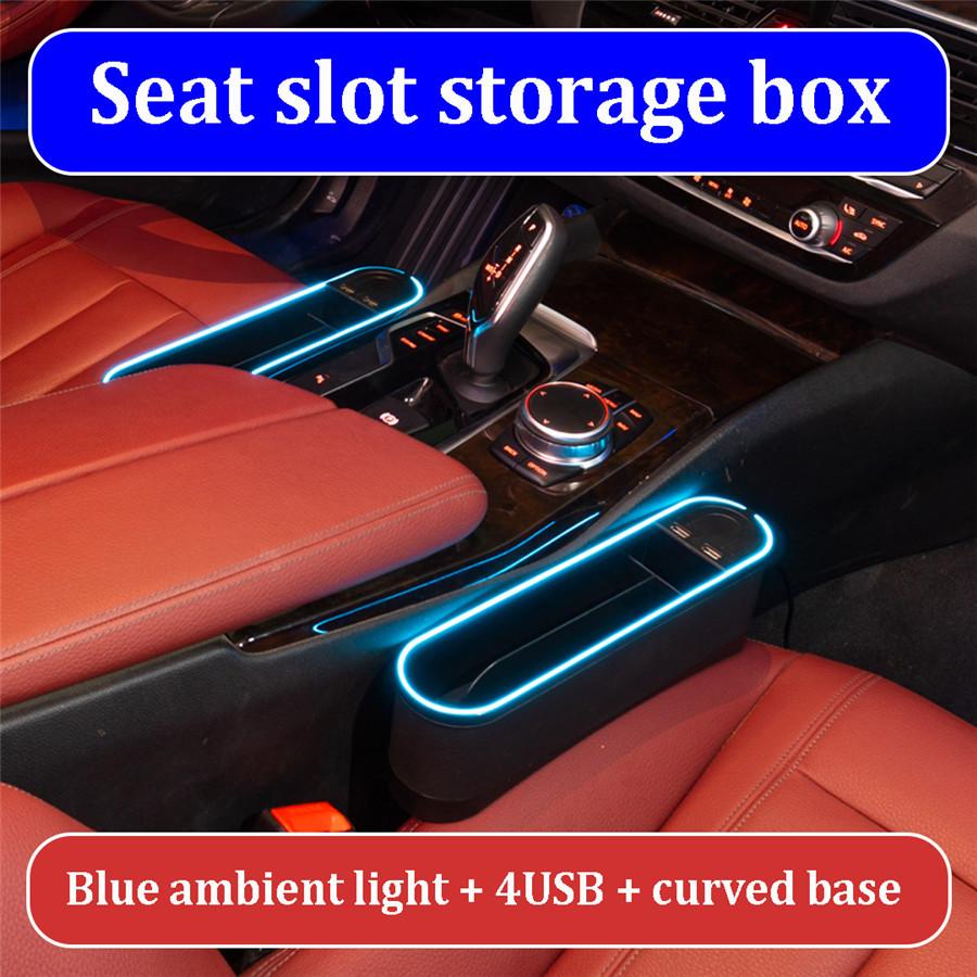 Left+Right PU Leather Car Seat Gap Storage Box w/ Blue Ambient Light USB Charger