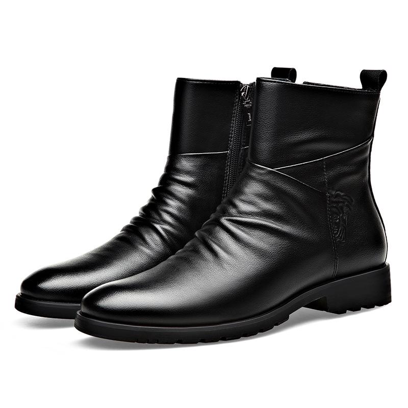 Men's Winter Casual Mid-High Martin Boots: Soft Leather, Comfortable, Fashionable, Side Zipper, Plus Velvet.