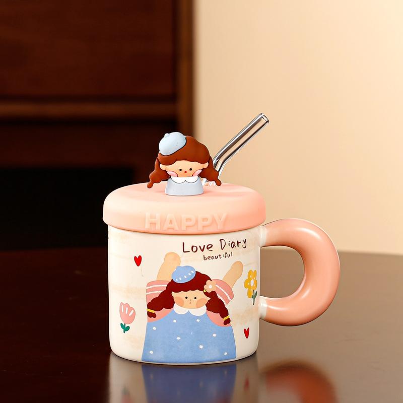 Couple water cup creative cute with lid creative mug personalized gift household breakfast ceramic cup coffee cup 380ml