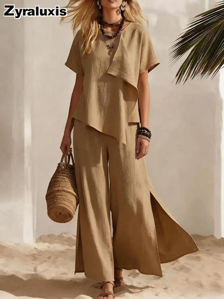 Women's Summer New Fashion Casual Irregular Short Sleeve Top with Wide Leg Pants
