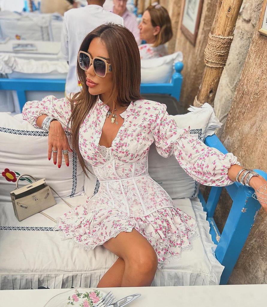 2024 Summer Sweet Print Waist-Cinching Long-Sleeve Lace Dress for Women