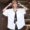 Girl's White with Tie Shirt Summer Loose Preppy Style Turn Down Collar Blouse Couple Short Sleeved Casual Tops