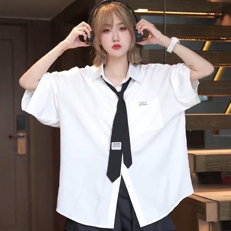 Girl's White with Tie Shirt Summer Loose Preppy Style Turn Down Collar Blouse Couple Short Sleeved Casual Tops