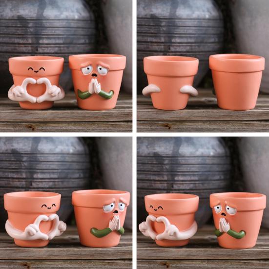 2Pcs Flowerpots Breathable Clay Texture Resin Mini Planter with 3D Relief Anthropomorphic Design Desktop Balcony Windowsill Decor