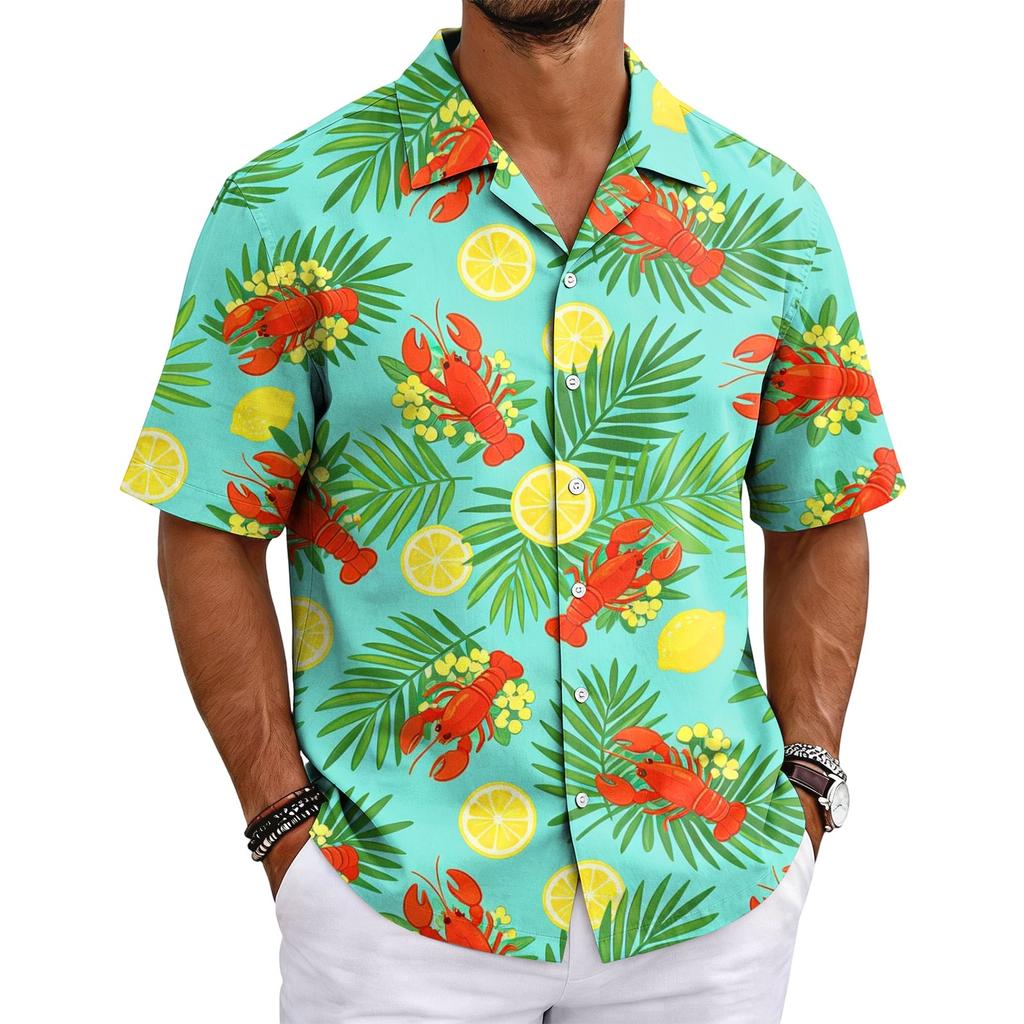 Men's Summer Lobster Festival Basic Cuban Collar Shirt Short Sleeve Button Down Casual Hawaiian Shirt with Tropical Leaf and Fruit Print