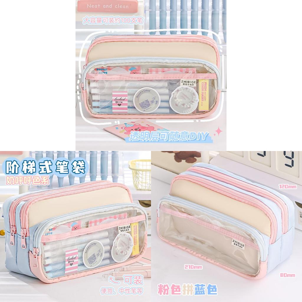 Kids Large Capacity Canvas Pen Bag With Transparent Pocket For School Stationery Storage