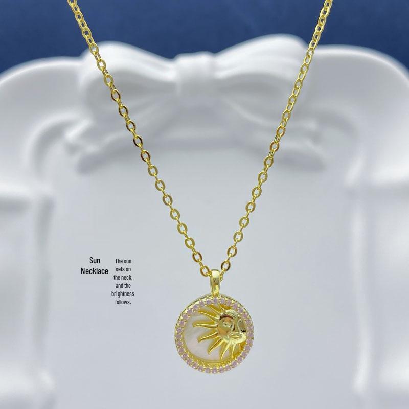 Exquisite S925 Sterling Silver Sun Necklace with Gold-Plated Freshwater Mother-of-Pearl