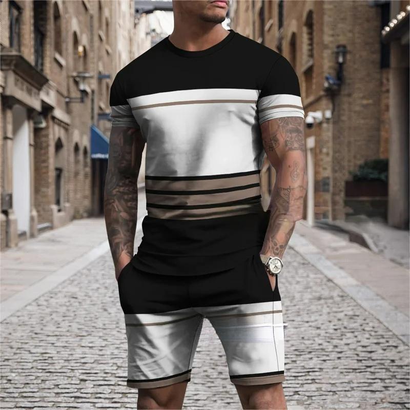 Men's Summer Casual T-Shirt Set Striped 3D Printed T-Shirt Short Sleeve Shorts 2 Piece Oversized Casual Beach Sports Suit