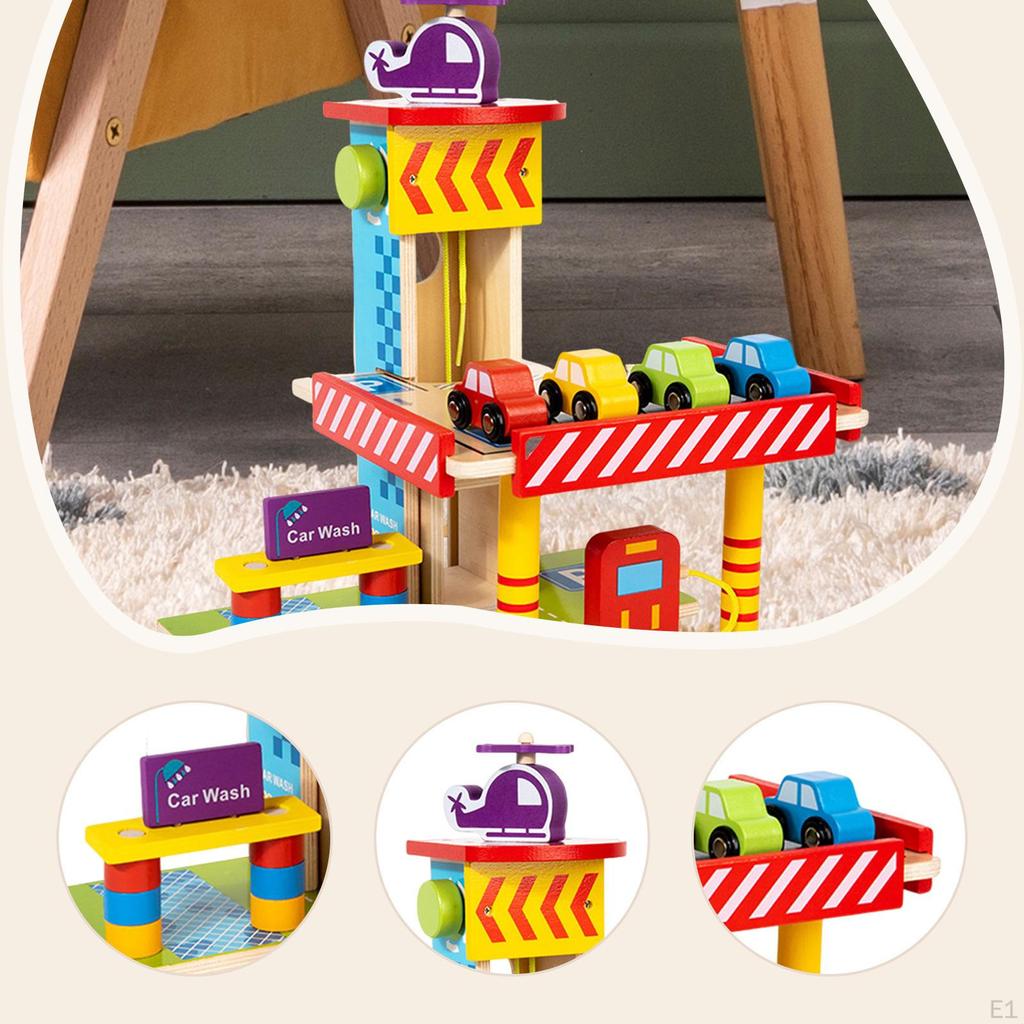 Wooden Parking Garage Playset Pretend Toy Boys Girls Gifts for Kids, Interactive, 3 Tier