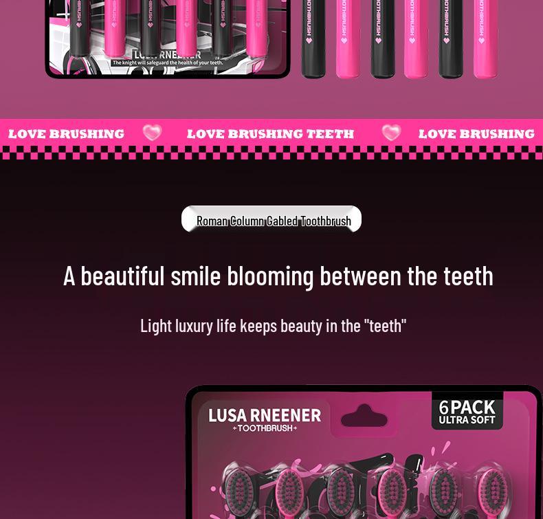LR Black Pink Series Měkké zubní kartáčky [Balení 6 ks] - Konvexní design ve tvaru vlny pro dospělé