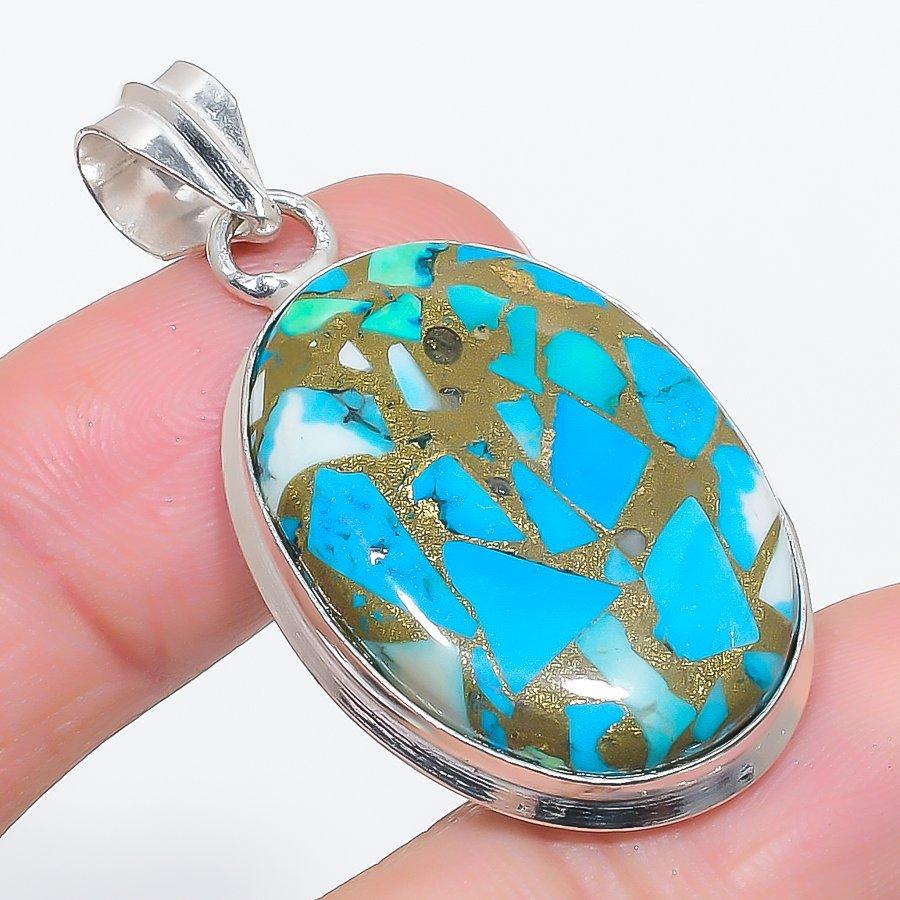Natural Copper Blue Turquoise 925 Sterling Silver Jewelry Pendant 1.85" E1z12