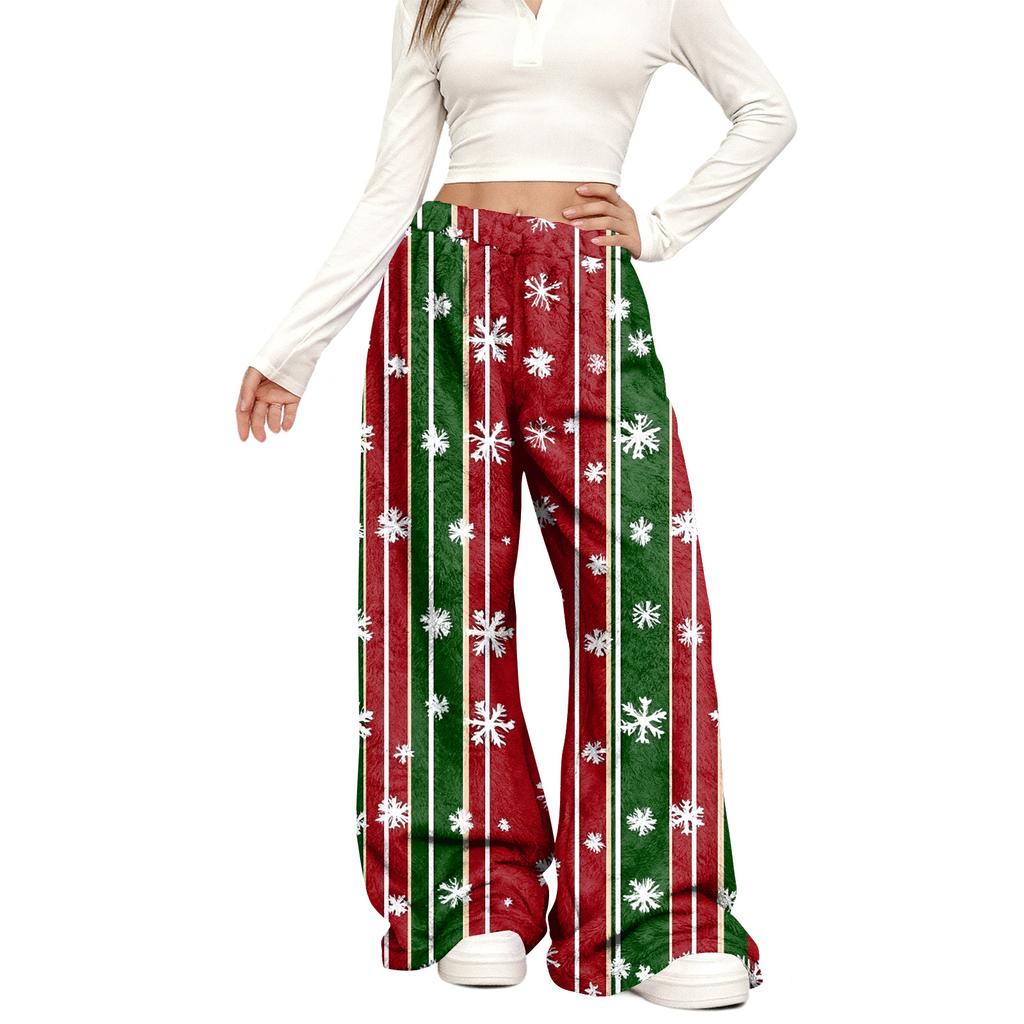 Women's Casual Fashion Christmas Print Elastic Waist Loose Plush Wide Leg Pants