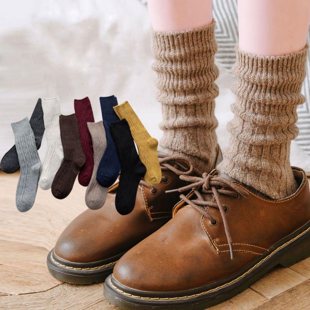 Retro Trendy Solid Color Stripe Middle Tube Hosiery Cotton Women Wool Socks Korean Style Socks