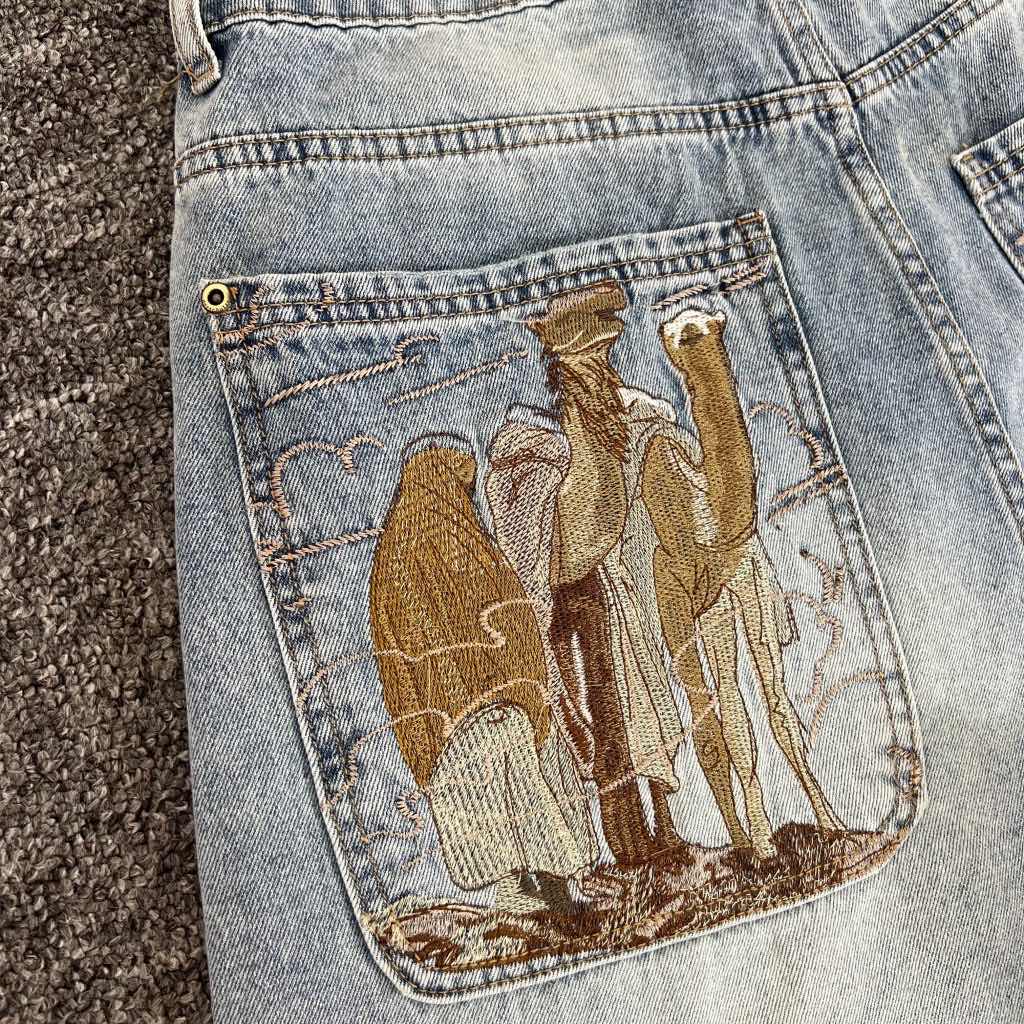 High Quality Y2K Harajuku Jeans Goth Vintage Plum Blossom Embroidery Pattern Wide Leg Pants Denim Fabric American Style Street Wear Unisex