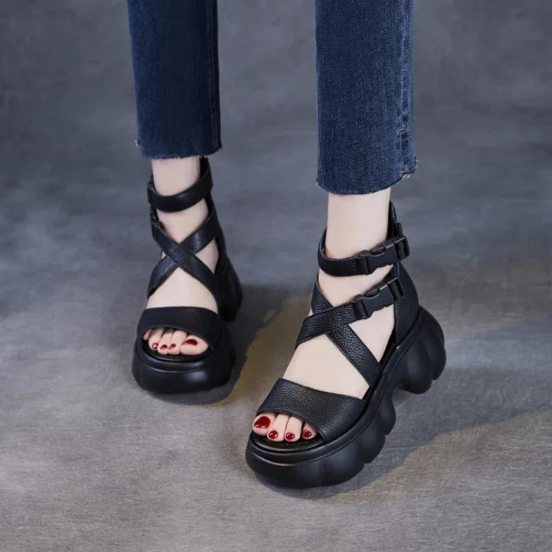 2023 New Summer Fashion Shoes Women Sandals Retro Genuine Leather Women Wedges Platform Sandals Peep Toe High Heel Sandals Black
