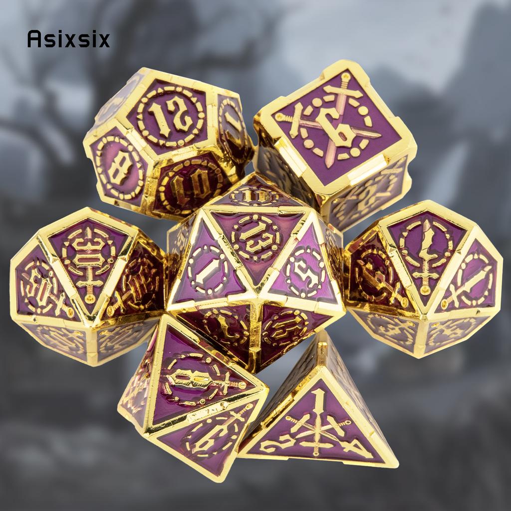 7 Pcs Golden Purple Double Swords Metal Dice Solid Polyhedral Dice Set Suitable for Role-Playing RPG  DND Pathfinder Board Game