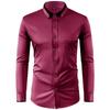 Men's Long Sleeve Stretch Shirt, Slim Fit Solid Color Shirt with Contrast Collar and Rhinestone Buttons, Button-Up Shirt Top