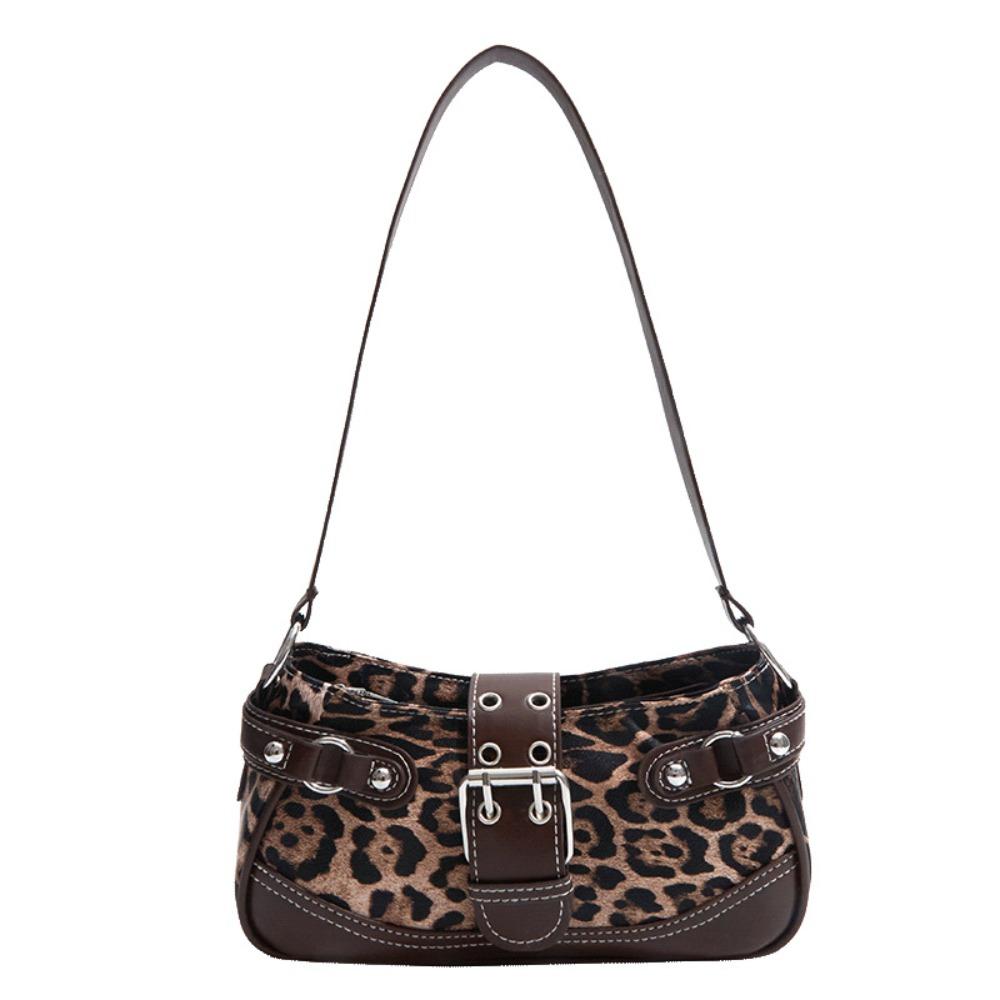 

Y2K Leopard Print Shoulder Bag Pu Leather Locomotive Pack Retro Rivet Underarm Bag Streetwear кофейный