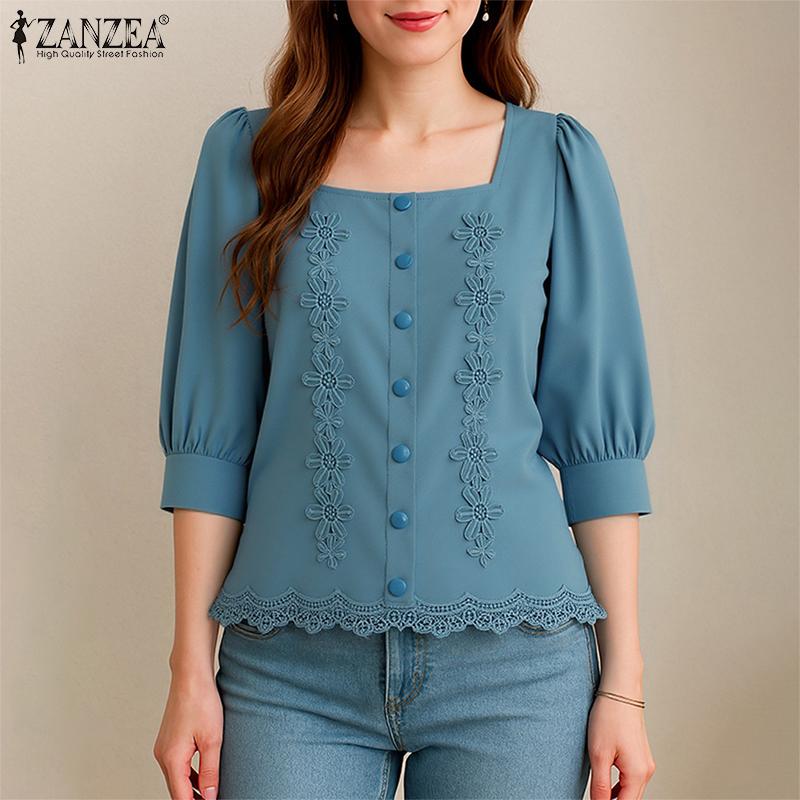 ZANZEA Women Square Neck Casual Flower Splice Summer 3/4 Sleeve Blouse