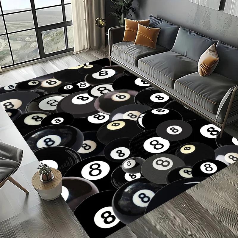 Large Washable Area Rug with Black Pool Ball 8 Design, Non-Slip Sofa Kitchen Toilet Carpet for Living Room Decoration