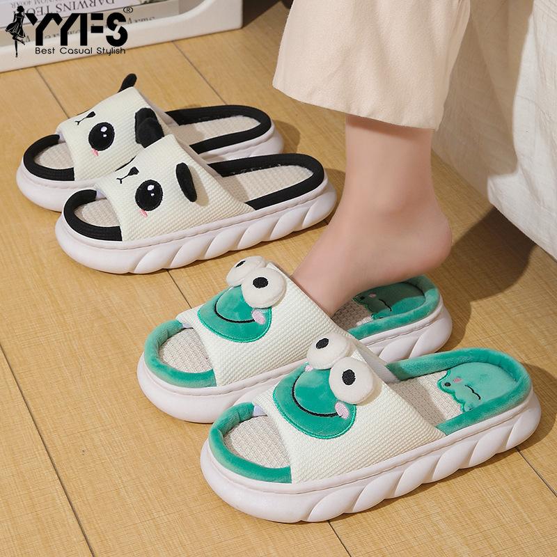 Linen Slippers Cute Animals Women Pair Non-slip Thick Soles Spring Summer Cotton Linen Cool Slippers Home Slippers