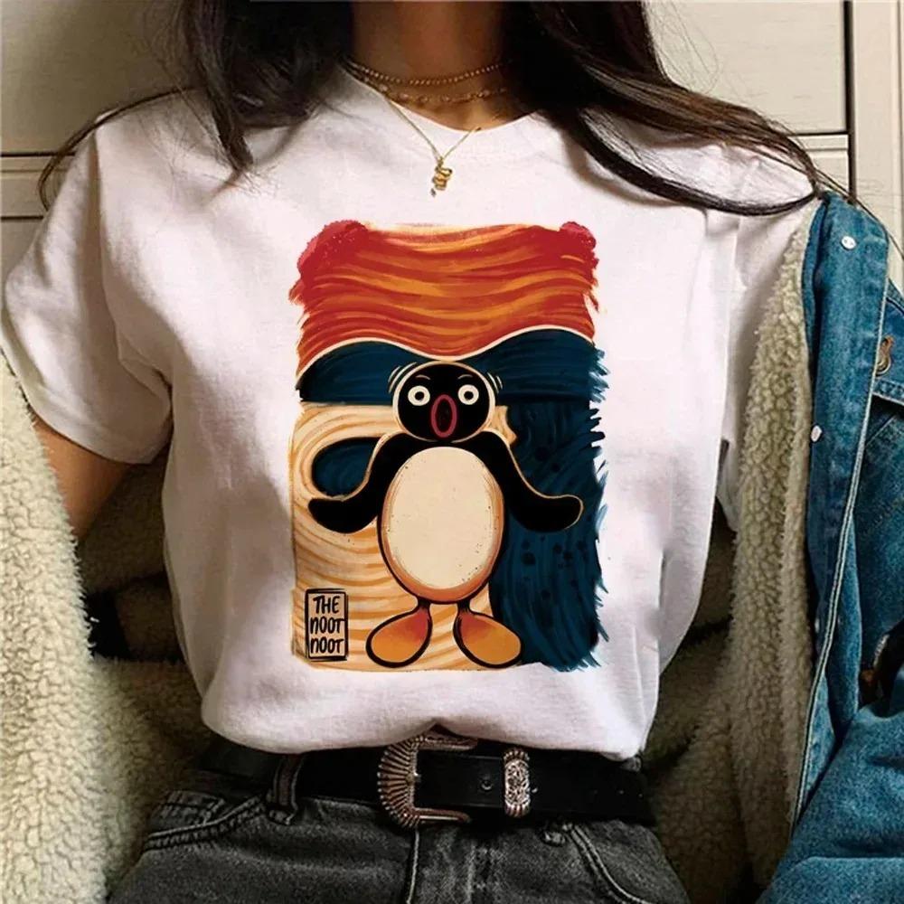Funny Pingu Print Women's T-Shirt Unique Casual Cute Street Short-Sleeve T-Shirt Breathable Women's Top Kawaii Clothing
