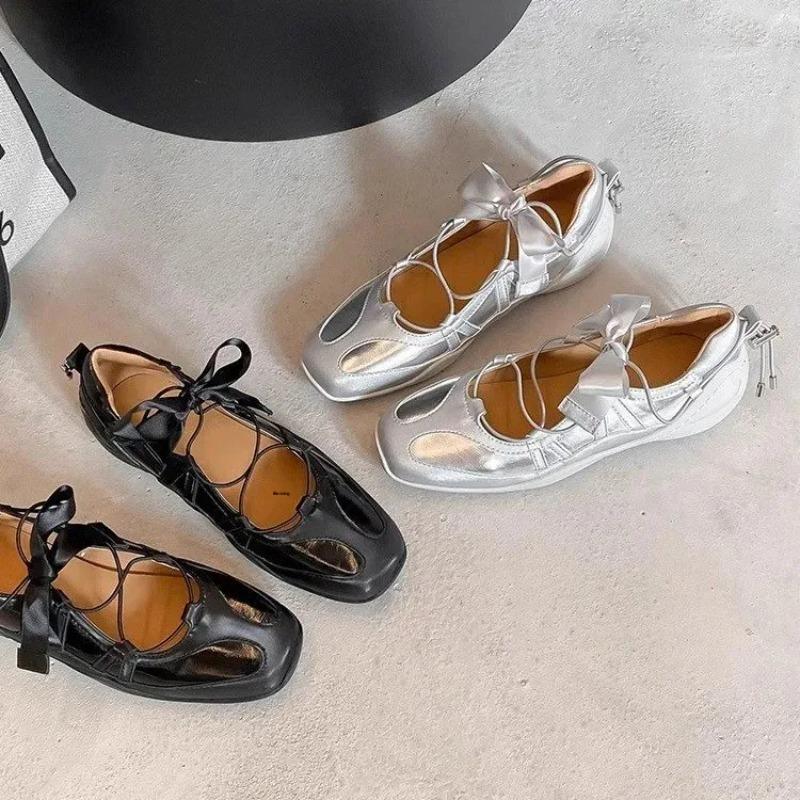 Leather Version Small Fashionable Ballet Style Casual Sports Shoes Women Thick Bottomed Mary Janes Silver Color with Bow Tie
