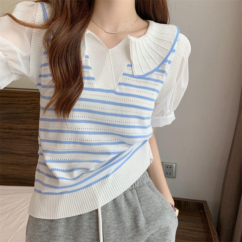 Fake Two Piece Shirt Patchwork V-neck Striped Polo Shirt Knitted T-shirt for Women's Design Sense Short Bubble Short Sleeved Top for Summer