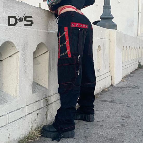 Women Pants High Waist Color Block Wide Leg Casual Trousers Loose Fit Retro Cool Long Pants Streetwear