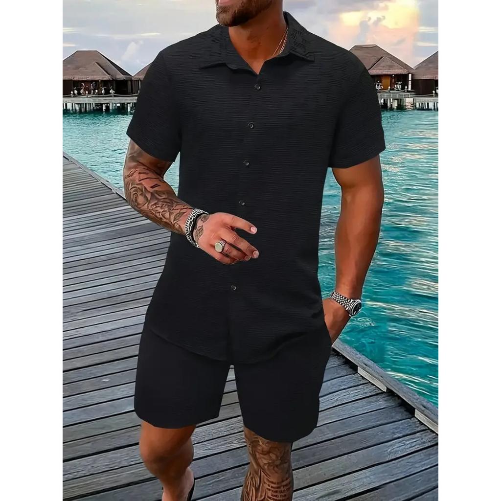 Men's Lightweight Summer Beach Set: Casual Short Sleeved Button Up Shirt and Elastic Waisted Shorts - Polyester Fiber Blend, Beach Casual Clothing