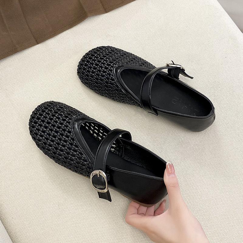 Hollow Fishing Net Crocheted One-word Strap Single Shoes Women's 2025 New Round Head Flat-soled Ballet Shoes Woven Mary Jane