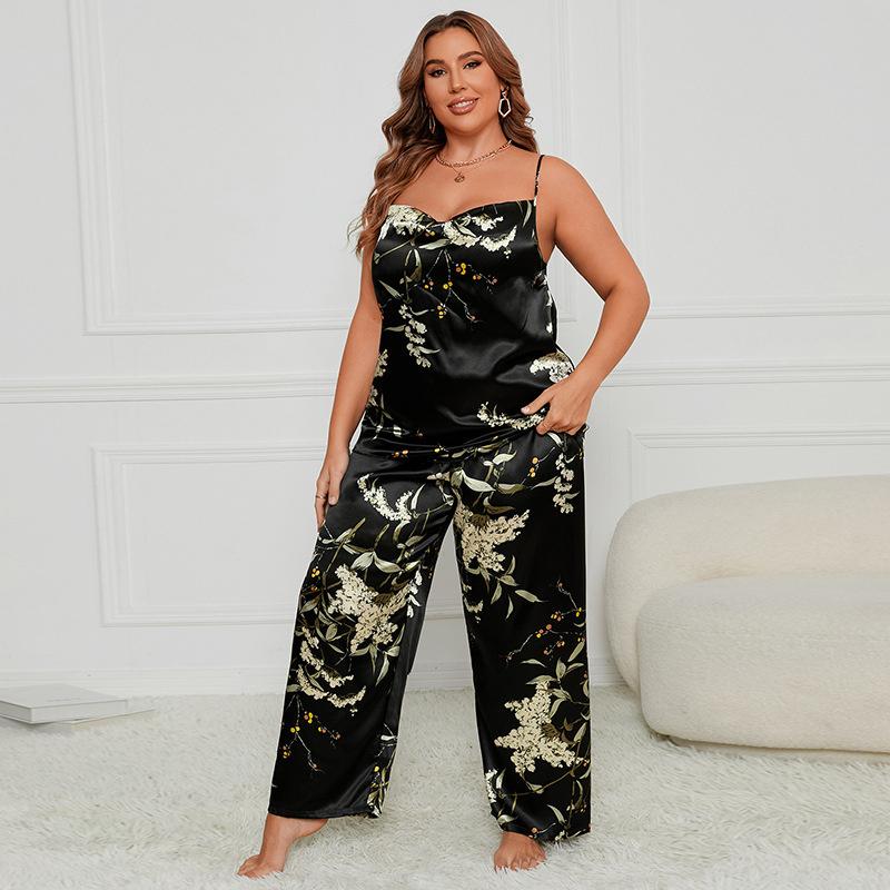 Large Size Camisole Sling+Pants Pajamas Women Summer Bathrobe Sexy Dressing Gown Home Dress Ice Silk Homewear Suit