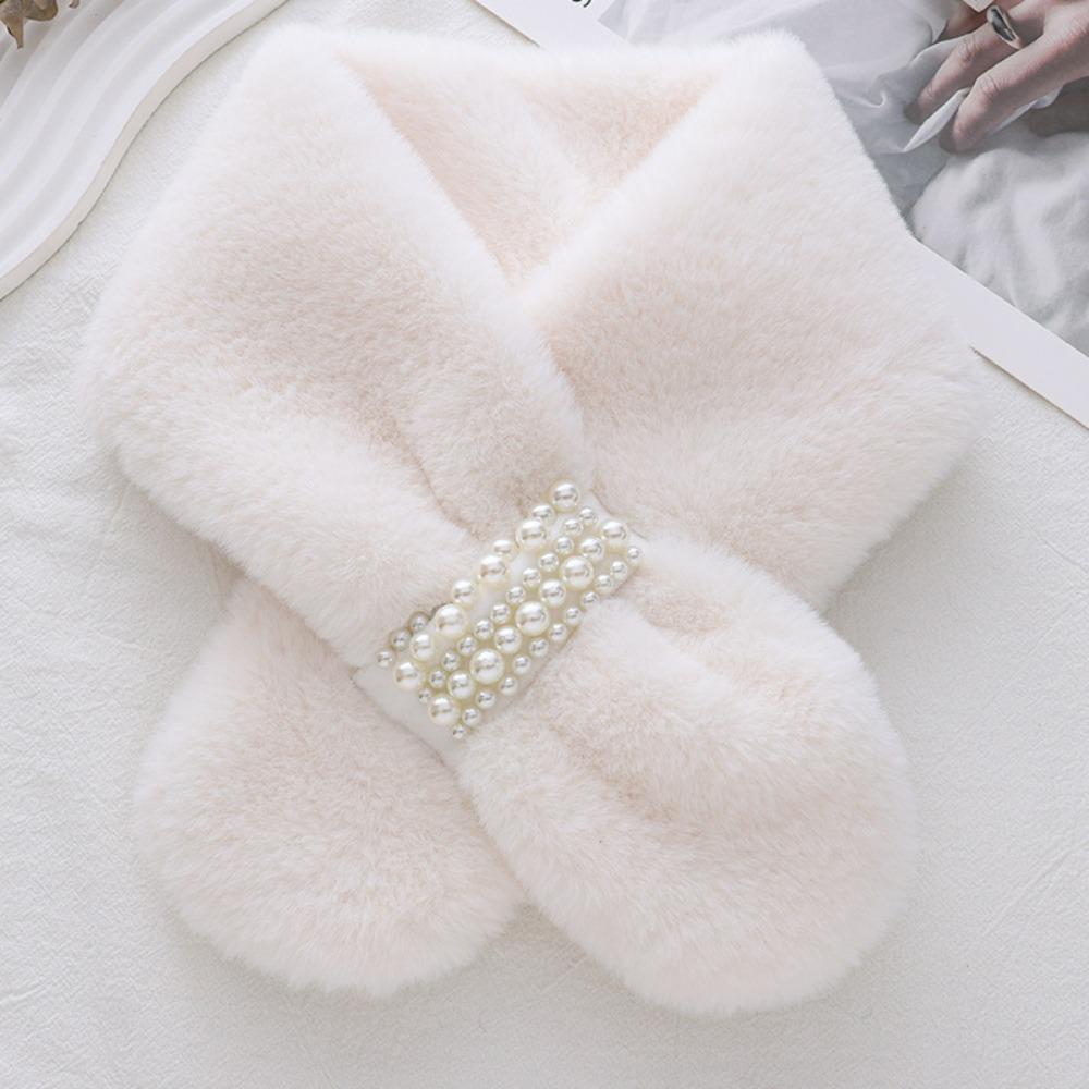 Cute Thickened Pearl Plush Scarf Soft Faux Rabbit Fur Korean Style Scarf Cross Warm Neck Warm Ring Women Girls