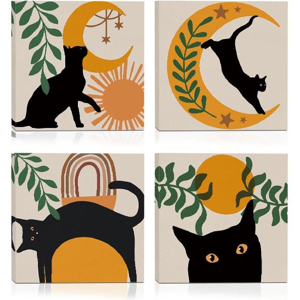 4 PCs Kawaii Japanese Ramen Cats Canvas Wall Art Framed Wall Decor, Cat Lover Gifts, Cat Themed Gifts Art Prints Paintings, Pictures Home Decor for