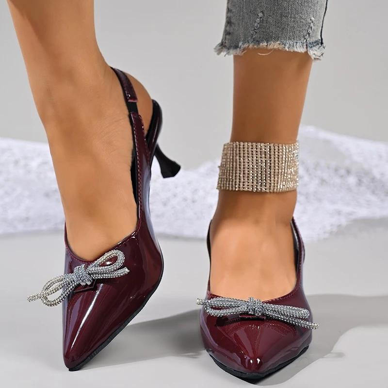

Fashion Summer Bow Decor Pointed Toe Sandals Women Plus Size Shiny Crystal Thin Heel Sandal Woman Wedding Party Bao Toe Sandalias Mujer 43 вино красного
