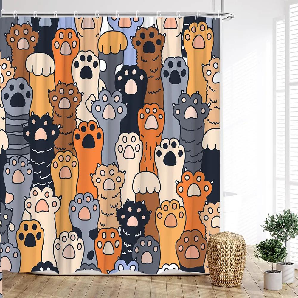 Cartoon Animal Shower Curtain with Funny Cat and Dog Paws Cute Kids Shower Print Family Bathroom Decoration with Hooks