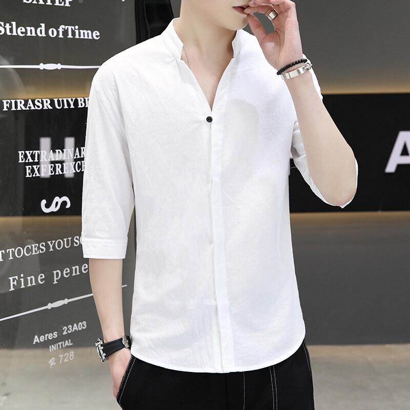 Летняя Новая Мужская Хлопково-льняная Рубашка с Коротким Рукавом, Тонкая, Повседневная, Универсальная M белый