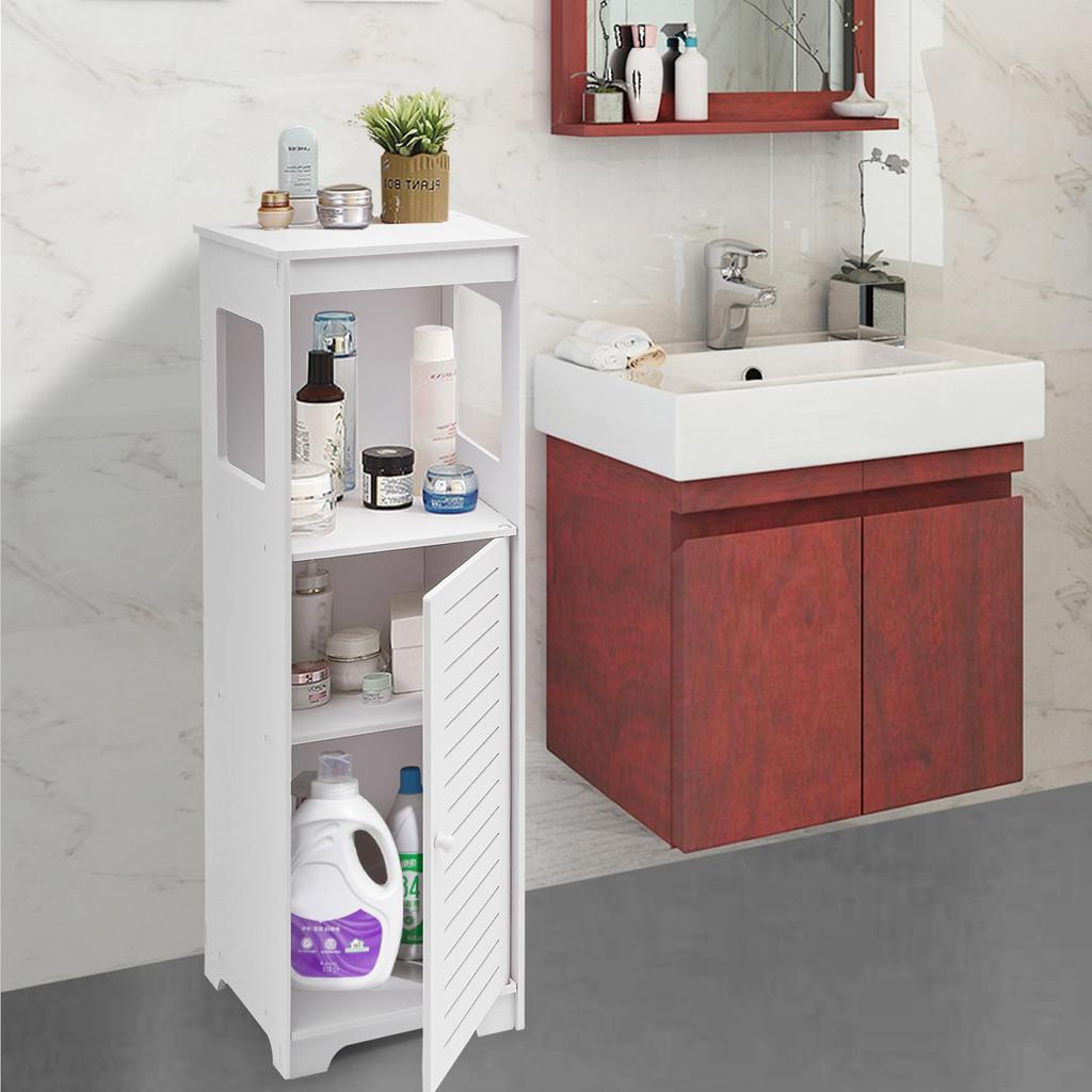4-Tier White PVC Bathroom Storage Cabinet – Floor Standing Organizer with Ventilated Door – 35.4 Inch Tall