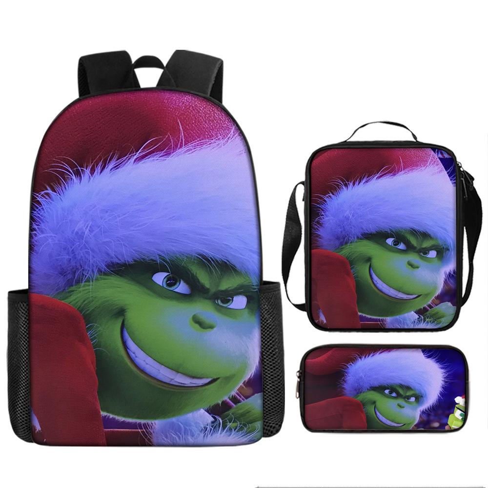 Green Hair Monster Grinch School Bag Campus 12345th and 6th Grade Backpack Lightweight Weight Loss Computer Bag Three-piece Set