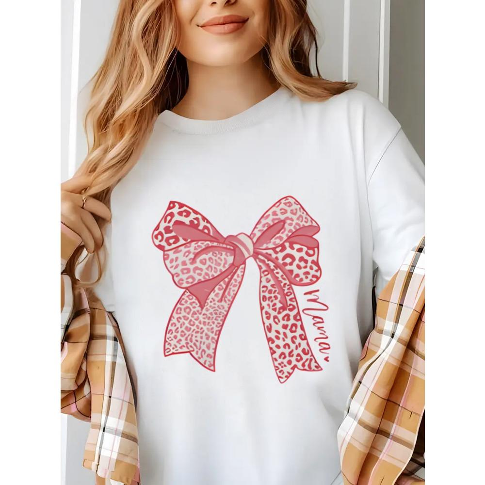 New Leopard print bow print women s round neck t-shirt summer casual short sleeved top street fashion women s versatile M