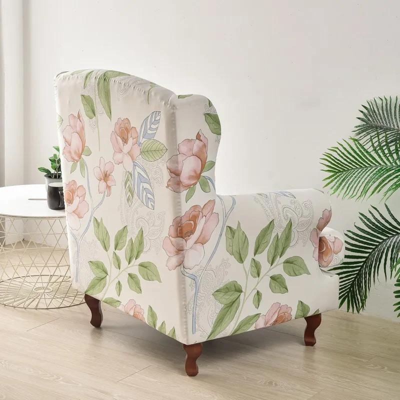 Spandex Wingback Chair Covers Stretch Wing Armchair Cover with Seat Cushion Cover Elastic Sofa Slipcover Flower Print Sofa Cover