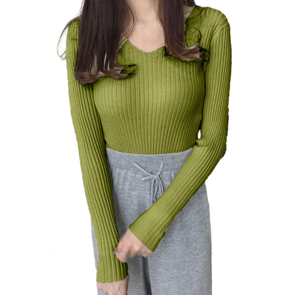 

Женские топы с V-образным вырезом, длинным рукавом, облегающий свитер, однотонный ребристый низ, эластичный трикотаж One Size зелёный