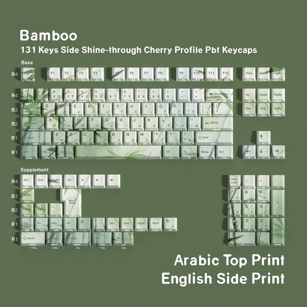 JCM Bamboo Forest PBT Keycap Set - Double-Shot Translucent with Korean, Russian, German, Spanish, French, Pinyin, and Wubi Layouts